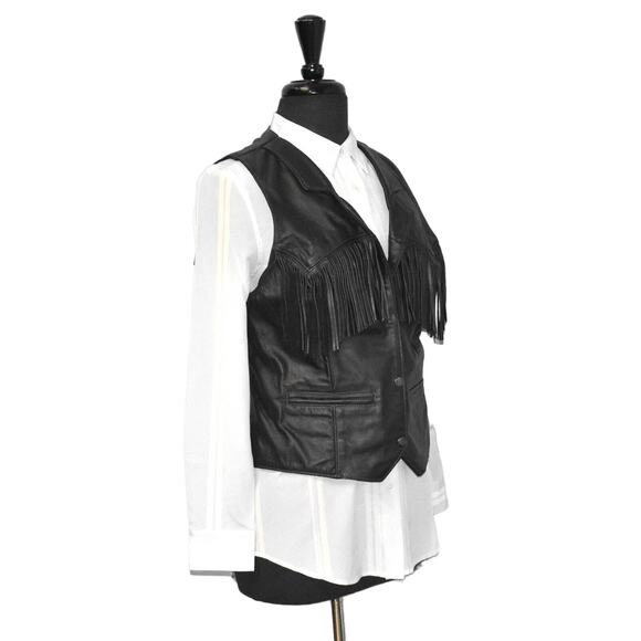 C0 Auth FASHIONS ESPINOZAS LEATHER Black Leather Fringed Western Biker Vest Sz L - Picture 3 of 6